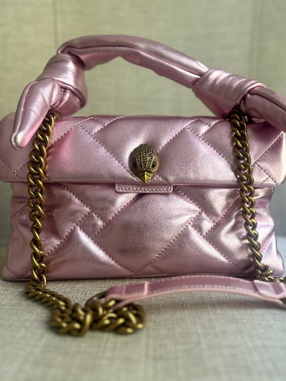 Kurt Geiger Medium Metallic Pink Quilted Kensington Crossbody Eagle Head